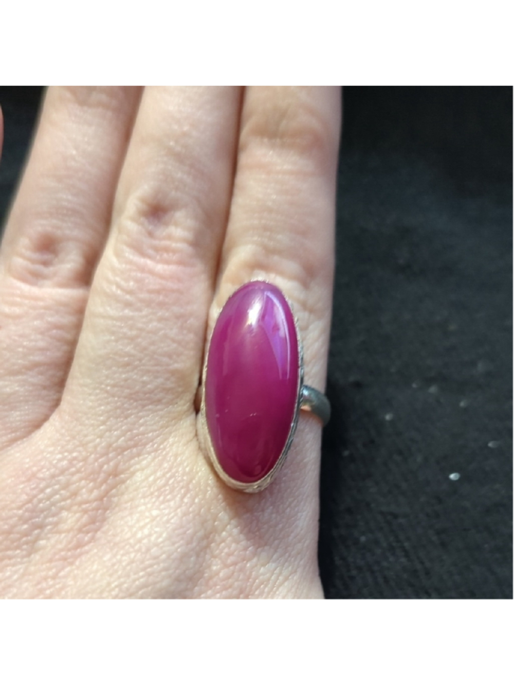 Silver Plated Pink Agate Gemstone Oval Statement Ring - Size 9